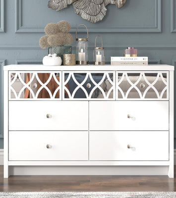 Galano Iris 3 Plus 4 Drawer Chest - Modern Multi Chest with Mirrored Drawers - Organizers and Storage Cabinet for Bedroom – Console for Entryway - Hallway or Living Room - White