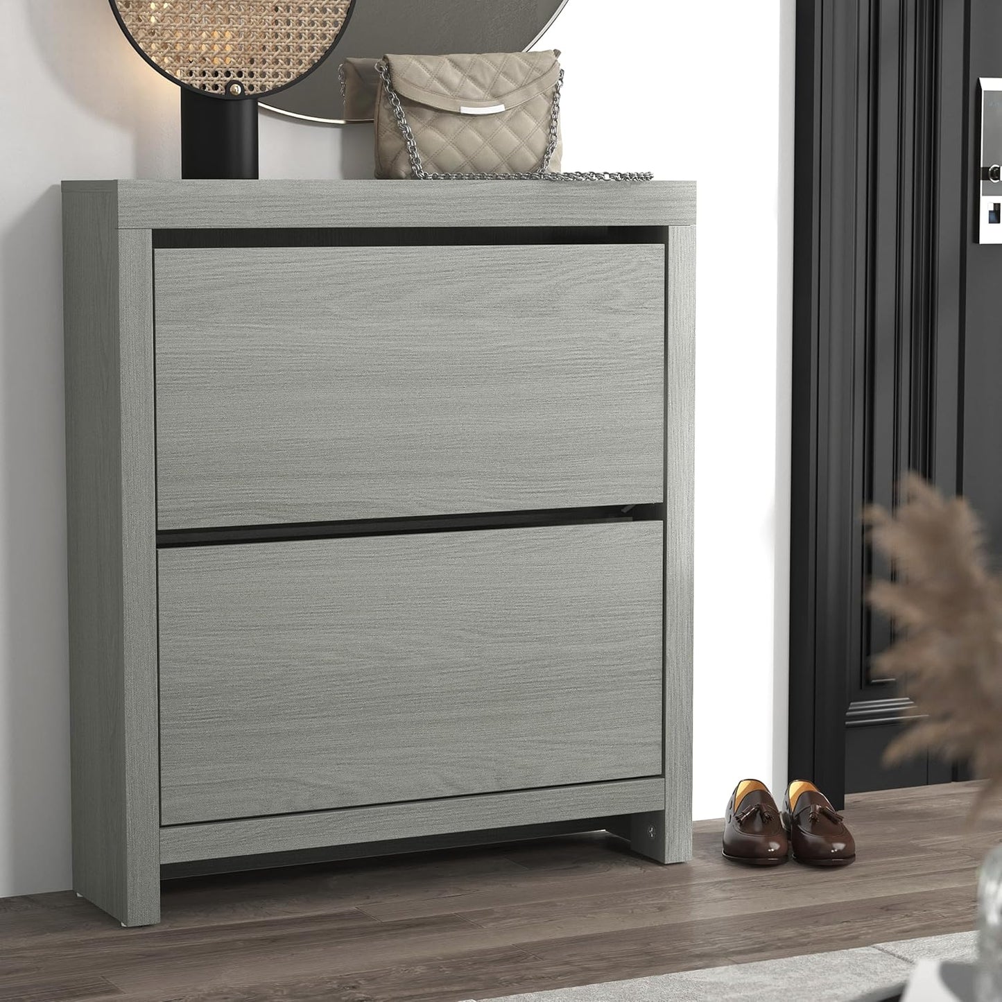 Galano Cubbot Shoe Cabinet – 2 Door Shoe Storage Cabinet – Shoe Racks Storage and Shoe Organiser for Hallway - Engineered Wood - 21.7 x 79.2 x 90.2cm - Dark Grey Oak