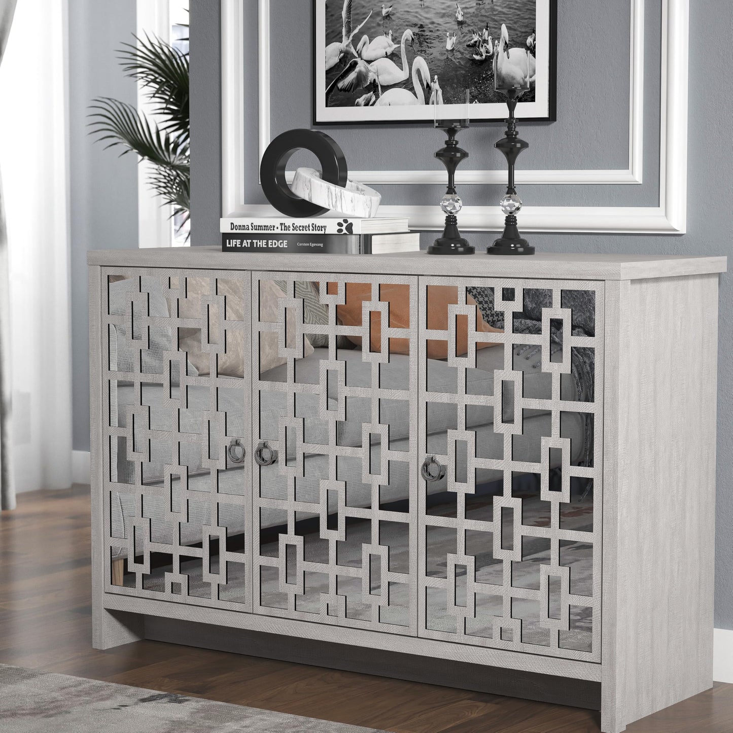 Galano Mollison 3 Door Sideboard - Moden Laser Cut Pattern with Acrylic Mirror Storage Cabinet for Living Room, Bedroom, or Kitchen (Dusty Grey Oak)