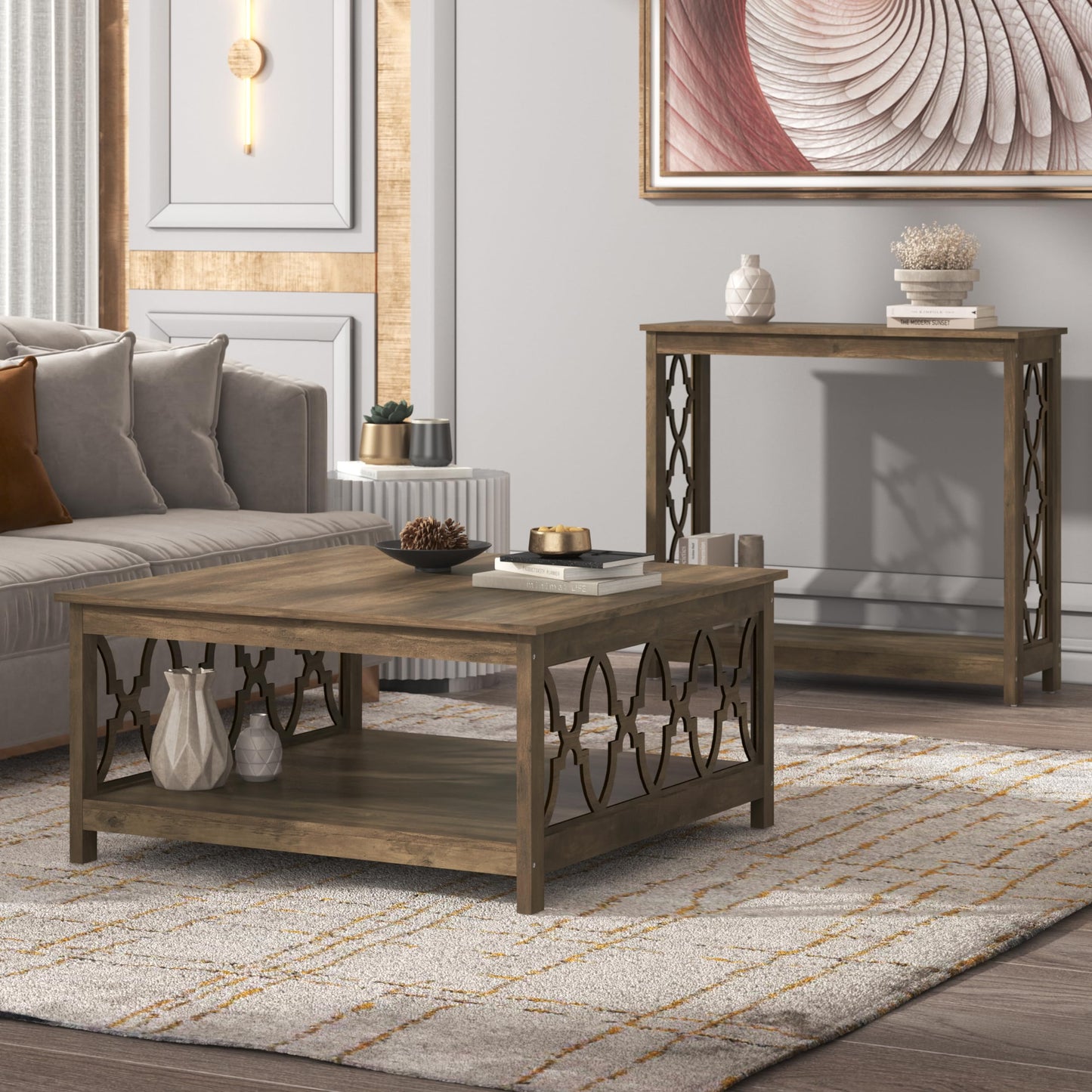 Galano Heron Modern Coffee Table for Living Room, Wood Square Center Table with Storage Shelf, Wooden Accent Cocktail Table for Home Office Small Apartment, 34.8" D x 34.9" W x 17.1" H, Knotty Oak