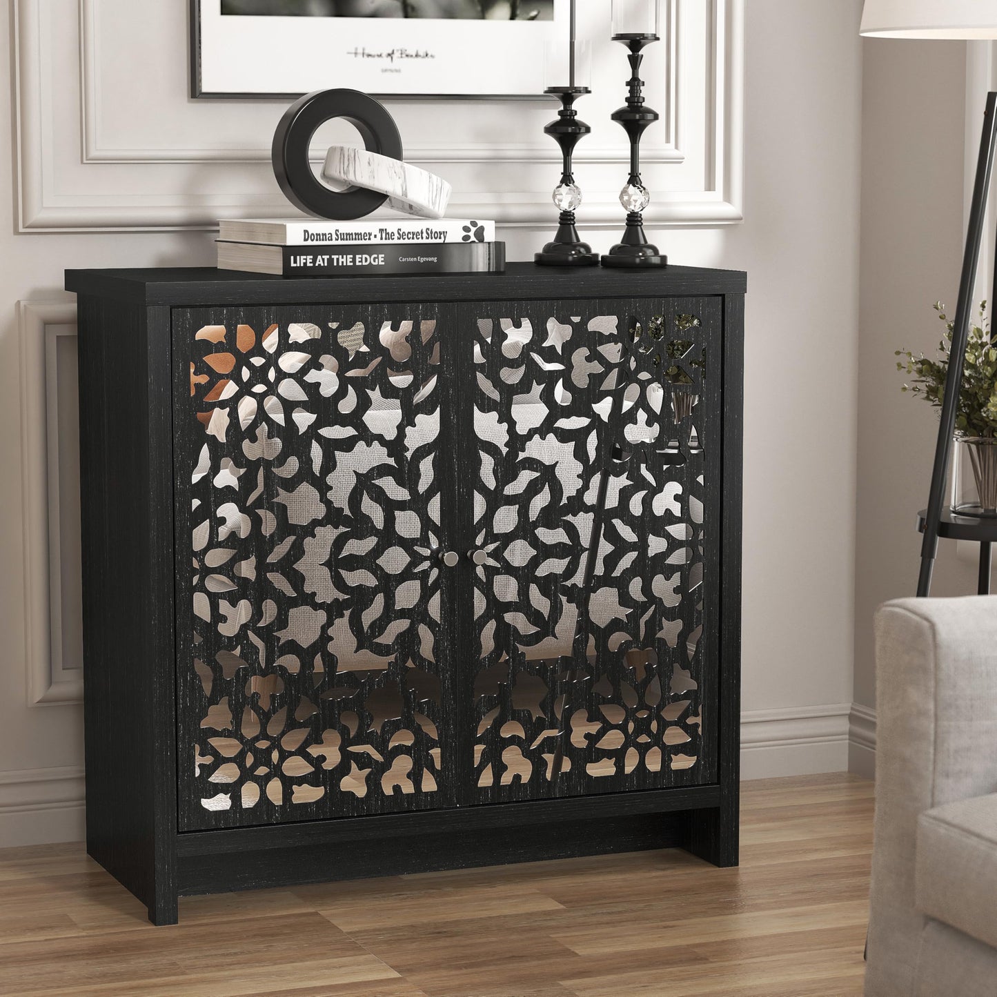 Galano Norwich 2 Door Sideboard - Moden Laser Cut Pattern with Acrylic Mirror Storage Cabinet for Living Room, Bedroom, or Kitchen (Rustic Black Oak)