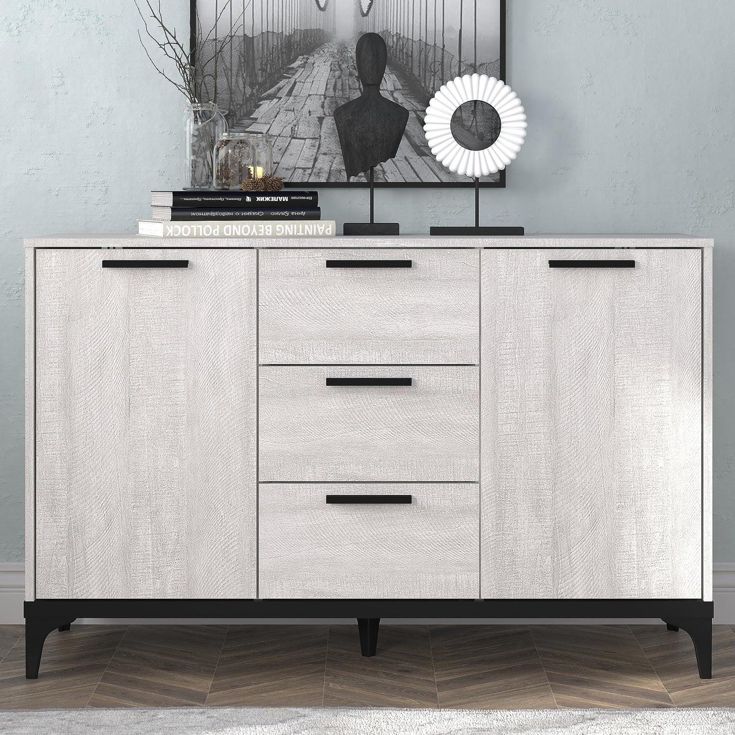 Galano Lawrence 1 Door 3 Drawer Sideboard - Cabinet Storage Organizer for Your Home - Storage Sideboard - Adjustable Shelves (Dusty Grey Oak)