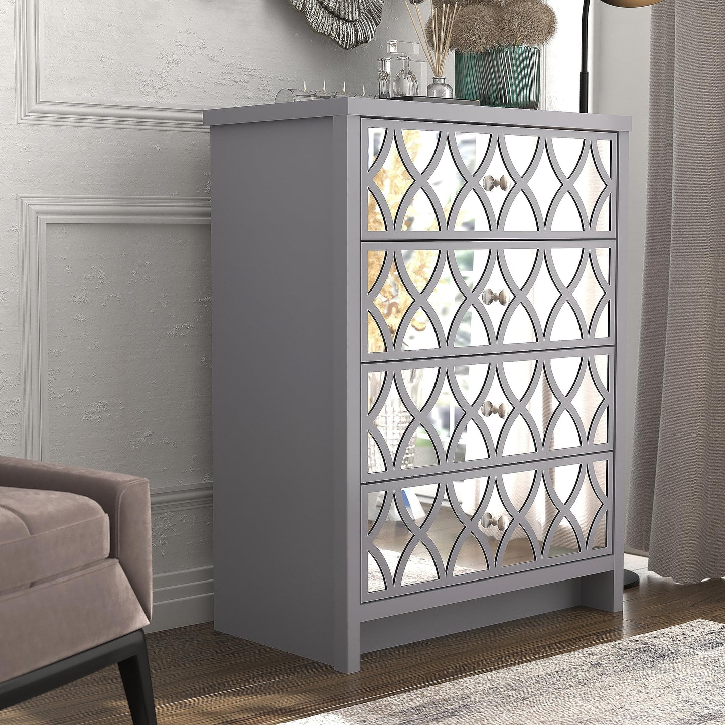 Galano Iris 4 Drawer Chest - Modern Cabinet with 4 Mirrored Drawers - Organizers and Storage for Bedroom – Console for Entryway - Hallway or Living Room - Grey