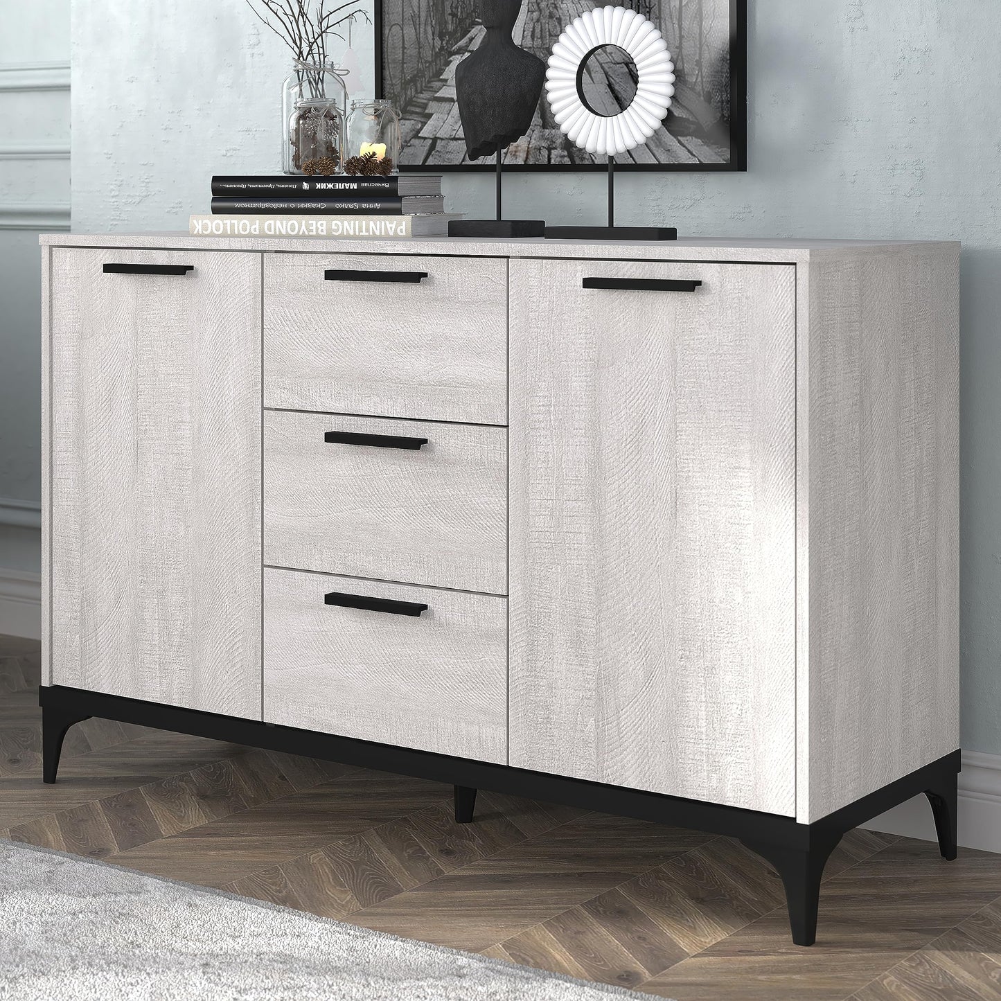 Galano Lawrence 1 Door 3 Drawer Sideboard - Cabinet Storage Organizer for Your Home - Storage Sideboard - Adjustable Shelves (Dusty Grey Oak)