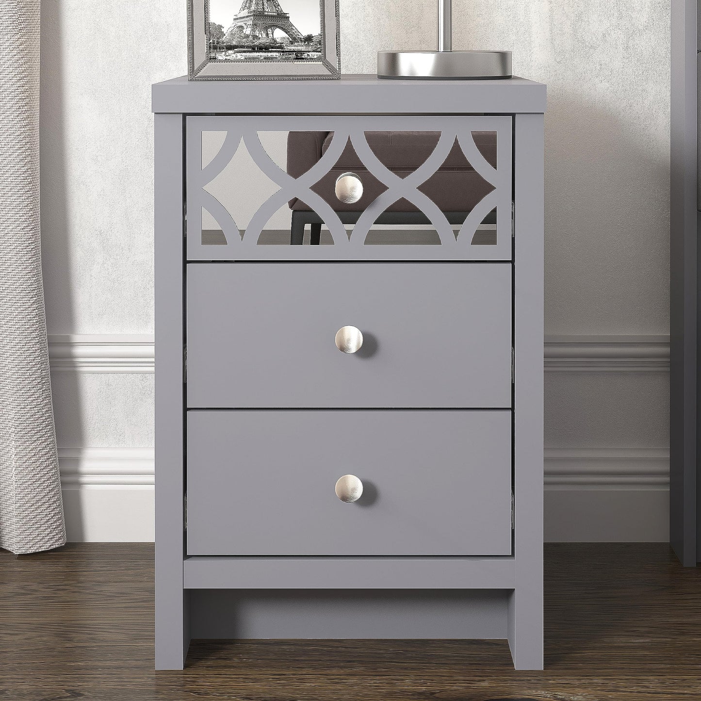 Galano Iris 4 Drawer Chest - Modern Cabinet with 1 Mirrored Drawers - Organizers and Storage for Bedroom – Console for Entryway - Hallway or Living Room - Grey,