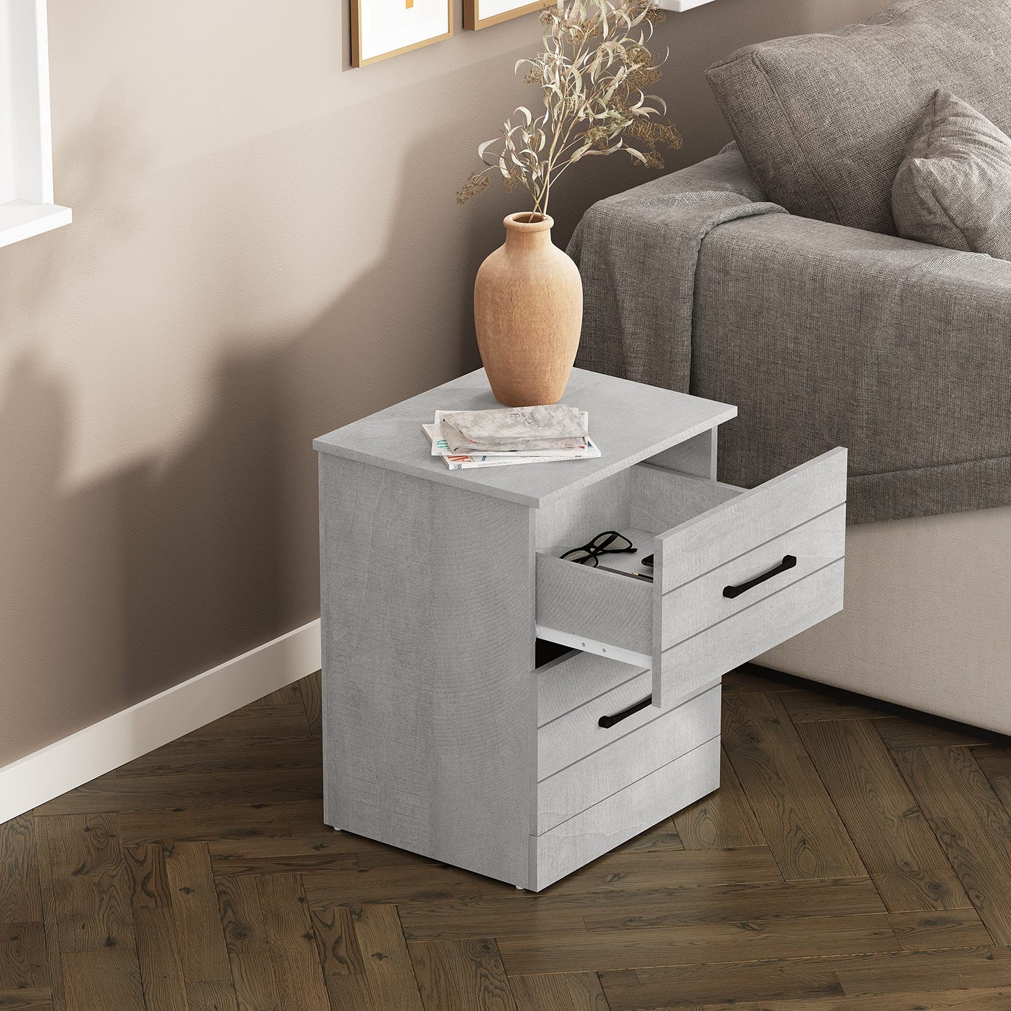 Galano Elis 2 Drawer Nightstand, Bedside Table, Night Stand for Bedroom, End Table, Sofa Side Table for Living Room, 15.8" D x 18.9" W x 23.6" H, Dusty Grey Oak