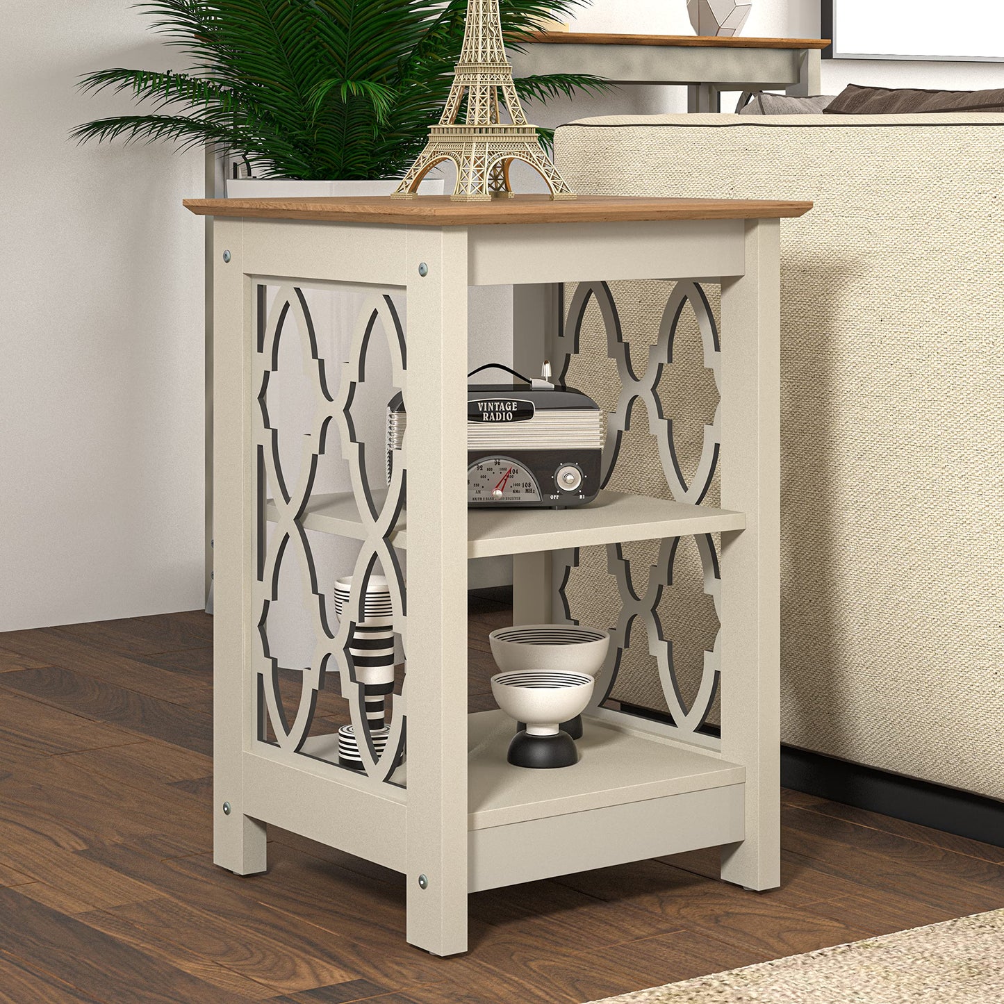 Galano Nova Side Table with Shelf- Modern Distressed Oak Finish - Bookshelf Cabinet for Hallway - Entryway - Foyer - Living Room - Bedroom - Space Saving (White/Oak)