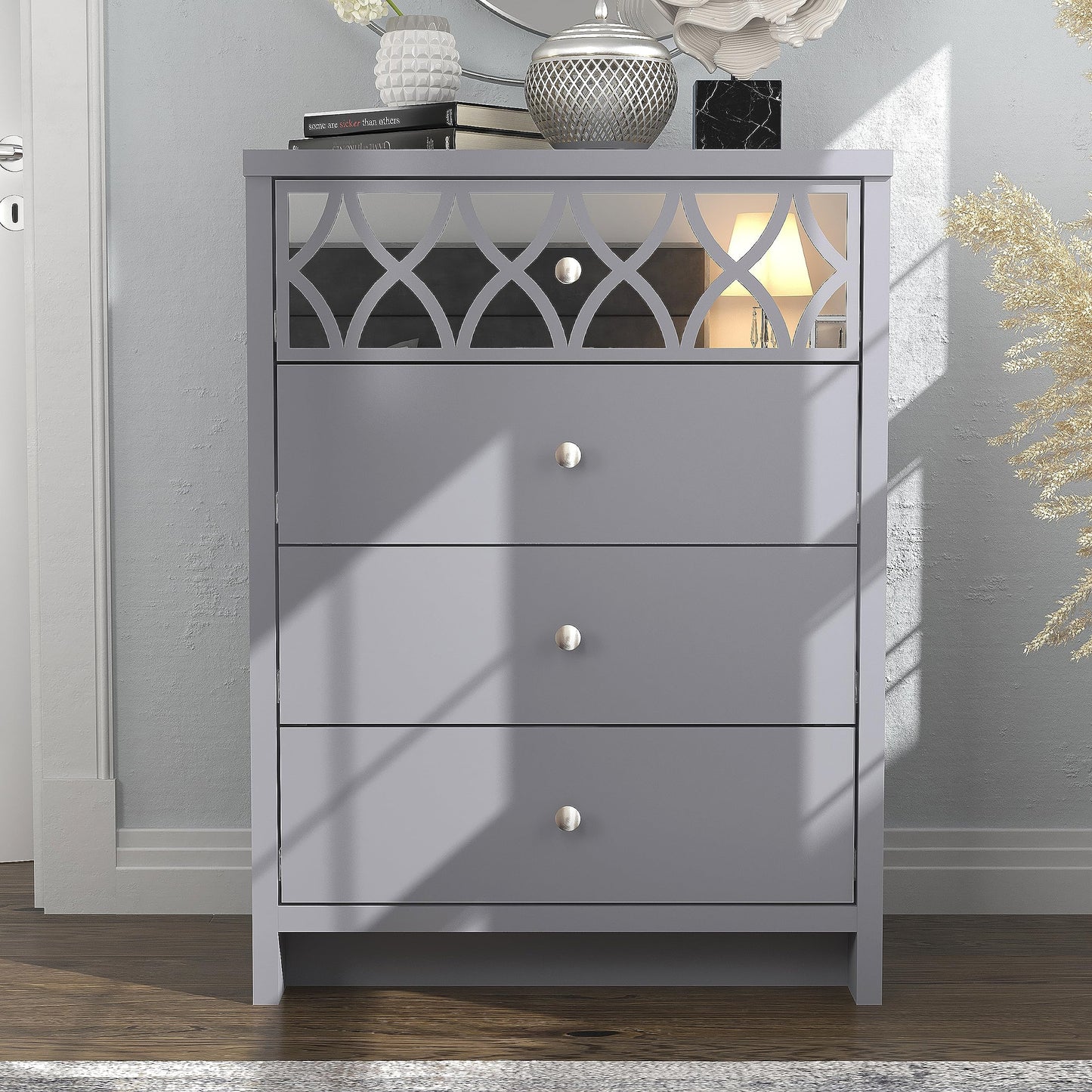 Galano Iris 4 Drawer Chest - Modern Cabinet with 1 Mirrored Drawers - Organizers and Storage for Bedroom – Console for Entryway - Hallway or Living Room - Grey,