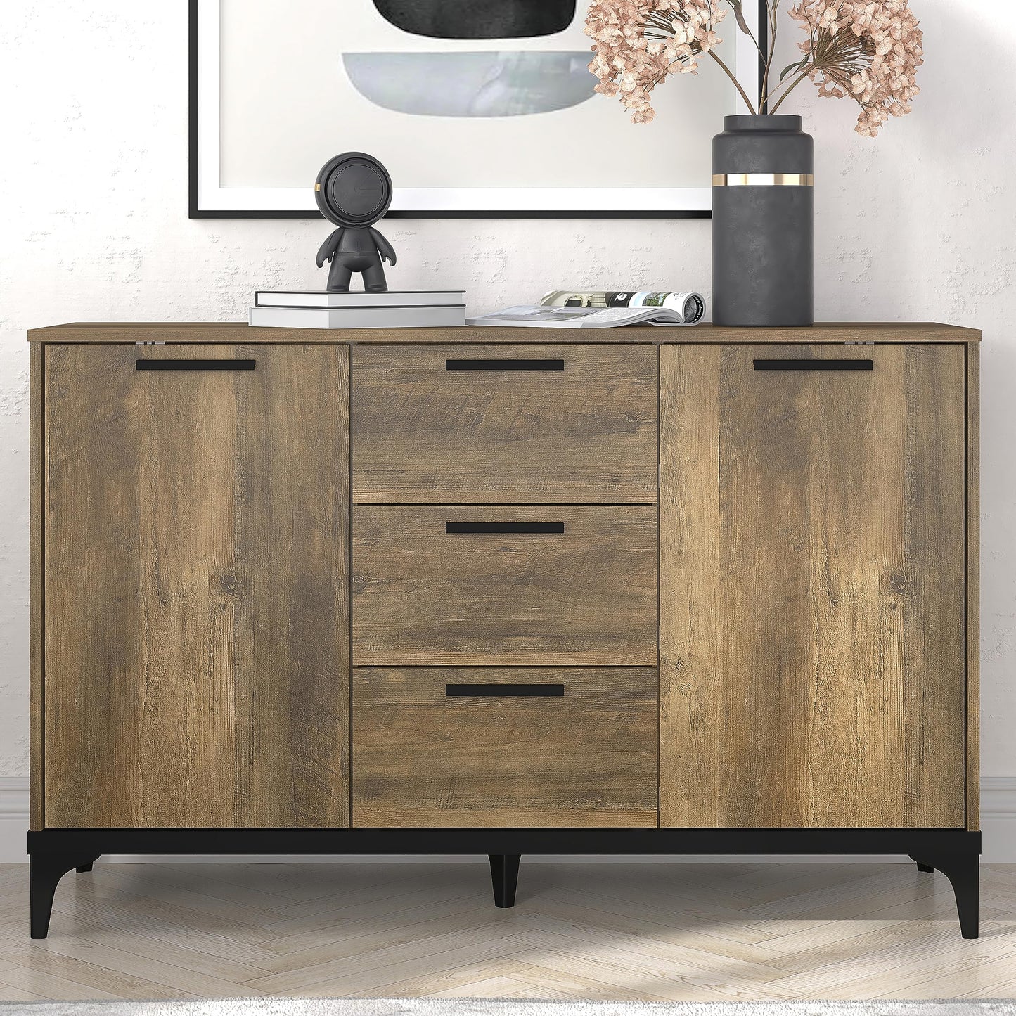 Galano Lawrence 1 Door 3 Drawer Sideboard - Cabinet Storage Organizer for Your Home - Storage Sideboard - Adjustable Shelves (Dusty Grey Oak)