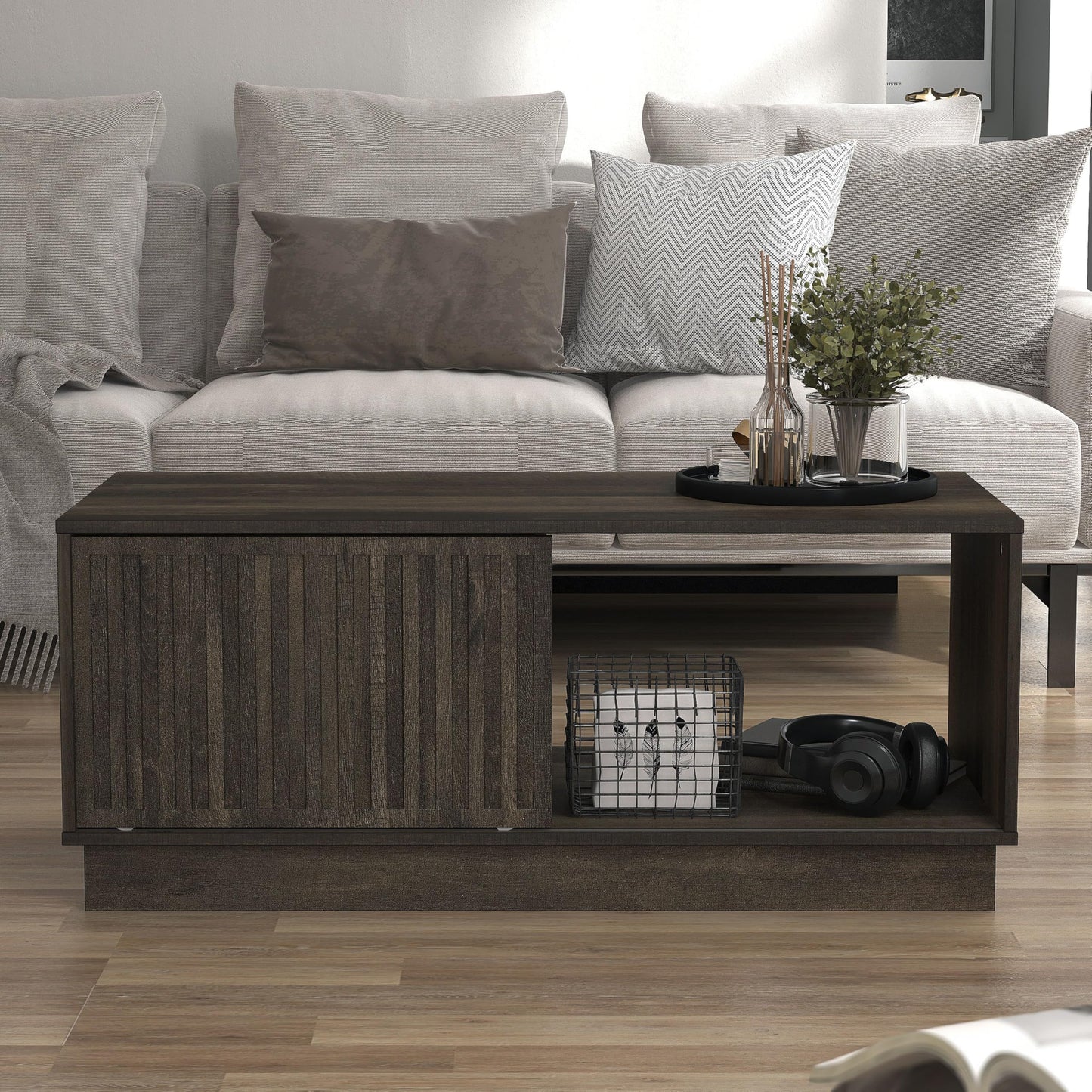 Galano Ryuki Coffee Table - Modern Distressed Oak Finish - Storage Cabinet for Entryway - Foyer - Living Room - Space Saving (Riviera Eichi)