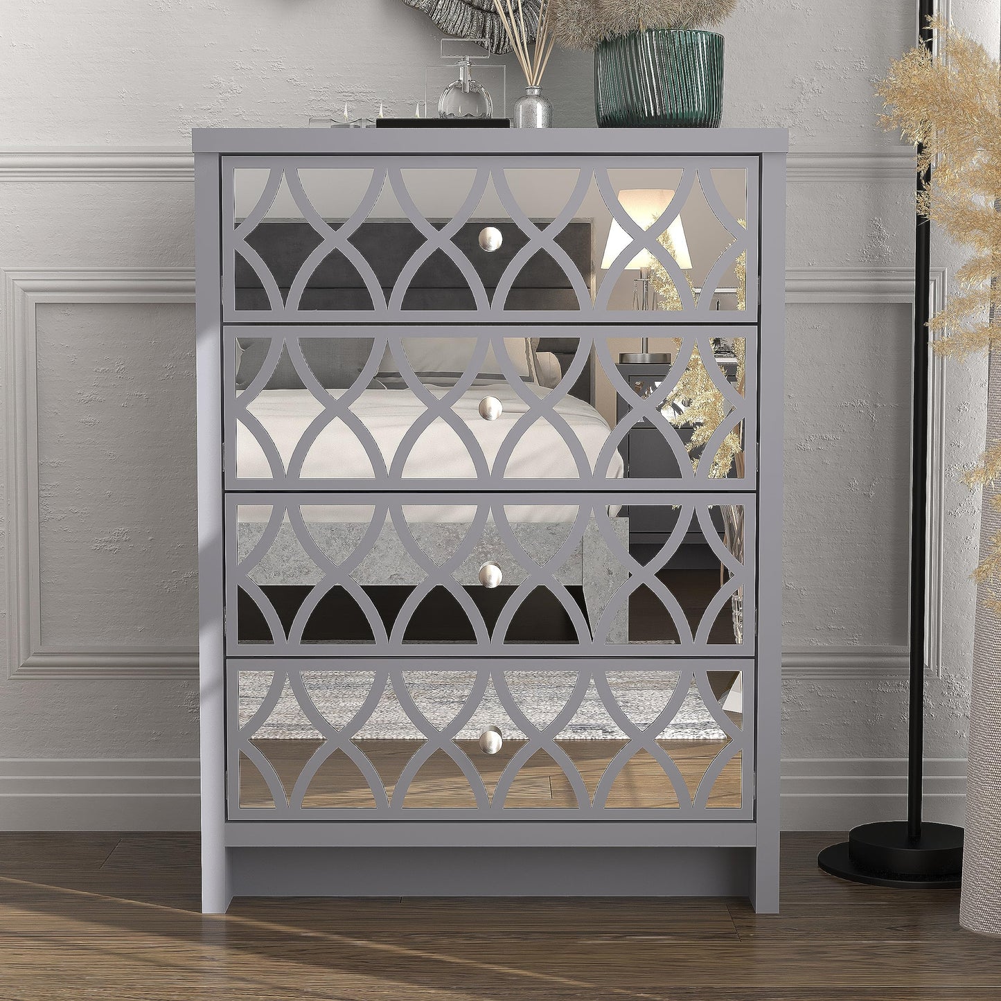 Galano Iris 4 Drawer Chest - Modern Cabinet with 4 Mirrored Drawers - Organizers and Storage for Bedroom – Console for Entryway - Hallway or Living Room - Grey