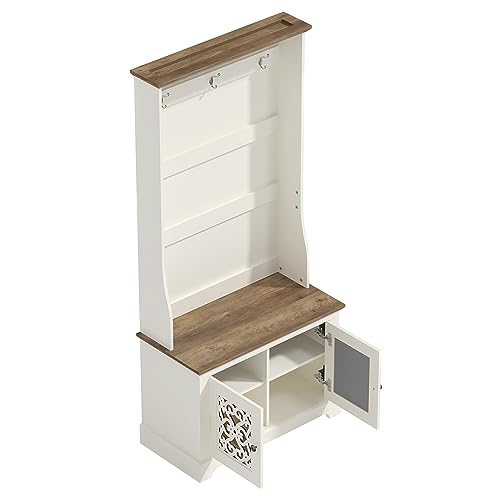 Galano Calidia Cizens Hall Tree - Entryway Bench With Coat Rack, Open Shelf and Shoe Cabinet - Shoe Storage With Coat Hooks - Shoe Cubby for Shoes - Ivory/Knotty Oak