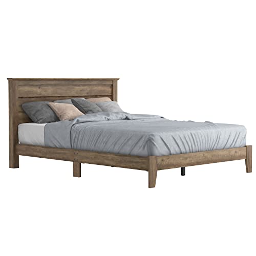 Galano Tiena Bed Frame - Wood Platform with Headboard - Bedroom - Wooden Slat Support - No Box Spring Needed - Easy Assembly - Queen Size - Knotty Oak