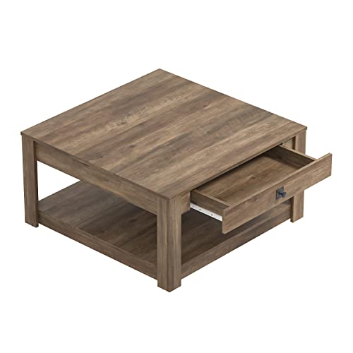 Galano Philia Square Storage Coffee Table with Drawer - Living Room Shelf - Hidden Storage - Distressed Rustic Wood Finish - (Knotty Oak) - Galano Furniture