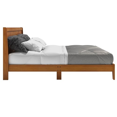 Galano Abby Retro Queen-Bettrahmen mit Kopfteil – Bettrahmen Queen Size – Queen-Size-Bettrahmen – Holzbettrahmen – Kein Boxspringbett erforderlich – Hohe Gewichtskapazität – Bernsteinfarbener Nussbaum