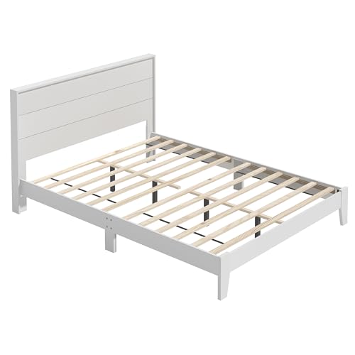 Galano Payne Queen Bed Frame with Headboard - Bed Frame Queen Size - Queen Size Bed Frame - Wood Bed Frame - No Box Spring Needed - Strong Weight Capacity - White