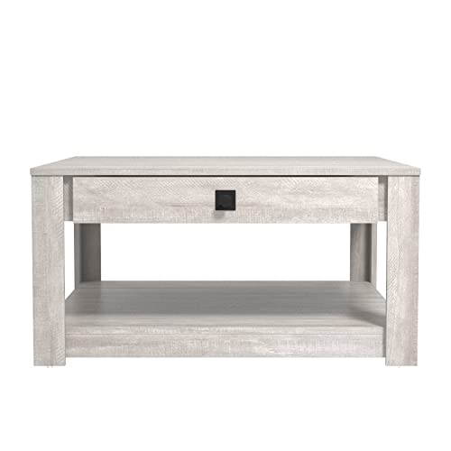 Galano Philia Square Storage Coffee Table with Drawer - Living Room Shelf - Hidden Storage - Distressed Rustic Wood Finish - (Dusty Grey Oak) - Galano Furniture