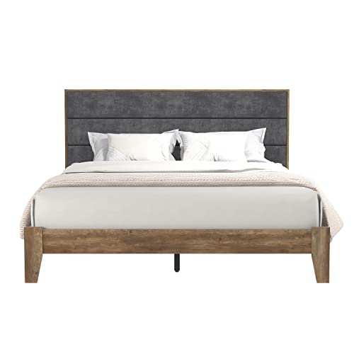 Galano Johniel Upholstered Queen Bed with Headboard, Rustic Wood Platform Bed Frame - Wood Slat Support - Compatible with All Mattress Foundation Types - Queen Size - Knotty Oak