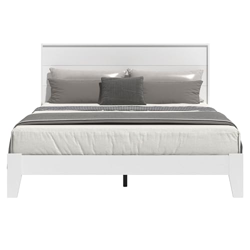 Galano Payne Queen Bed Frame with Headboard - Bed Frame Queen Size - Queen Size Bed Frame - Wood Bed Frame - No Box Spring Needed - Strong Weight Capacity - White