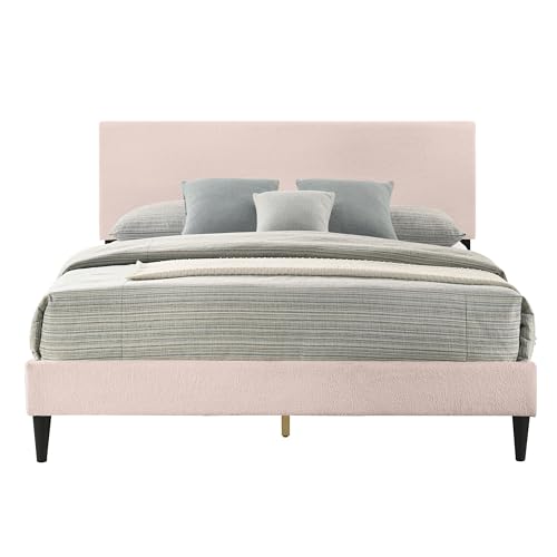 Galano Bayson Brooklyn Full Size Platform Bed Frame with Fabric Upholstered Headboard and Wooden Slats Support, Fully Upholstered Mattress Foundation, No Box Spring Needed, Easy Assembly, Pink