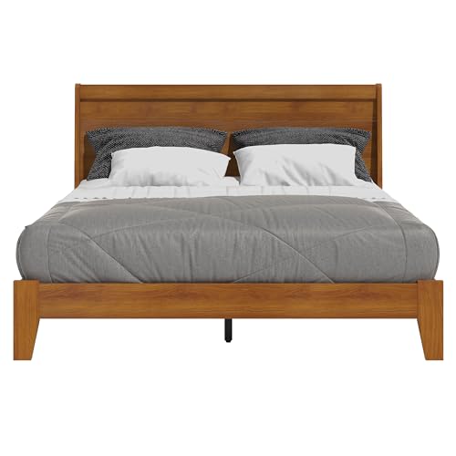 Galano Abby Retro Queen Bed Frame with Headboard - Bed Frame Queen Size - Queen Size Bed Frame - Wood Bed Frame - No Box Spring Needed - Strong Weight Capacity - Amber Walnut