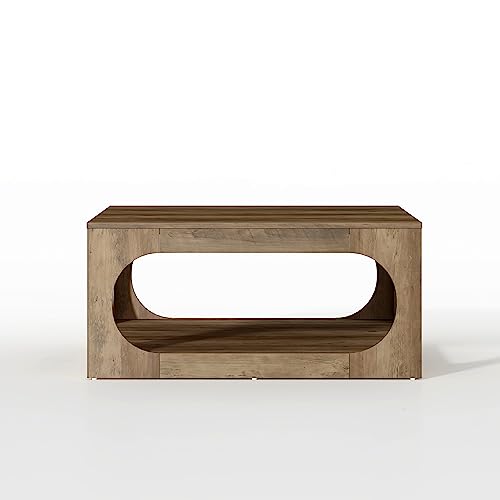 Galano Doyle Coffee Table for Living Room, Modern 2-Tier Rectangular Wooden Centre Cocktail Table with Open Shelf Storage and Oval-Shaped Frame, Knotty Oak