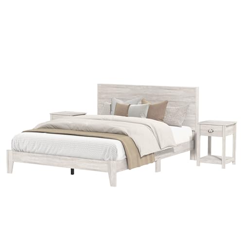 Galano Payne Deluxe Wood Platform Queen Bed Frame with Headboard and Nightstand, Mattress Foundation with Wood Slat Support, No Box Spring Needed, Easy Assembly, Dusty Grey Oak