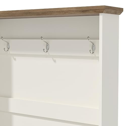 Galano Calidia Cizens Hall Tree - Entryway Bench With Coat Rack, Open Shelf and Shoe Cabinet - Shoe Storage With Coat Hooks - Shoe Cubby for Shoes - Ivory/Knotty Oak