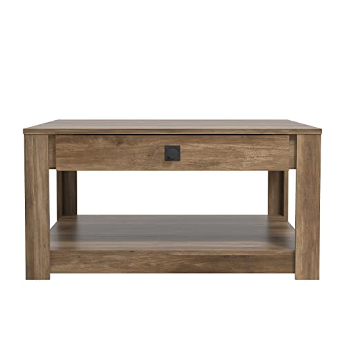 Galano Philia Square Storage Coffee Table with Drawer - Living Room Shelf - Hidden Storage - Distressed Rustic Wood Finish - (Knotty Oak) - Galano Furniture