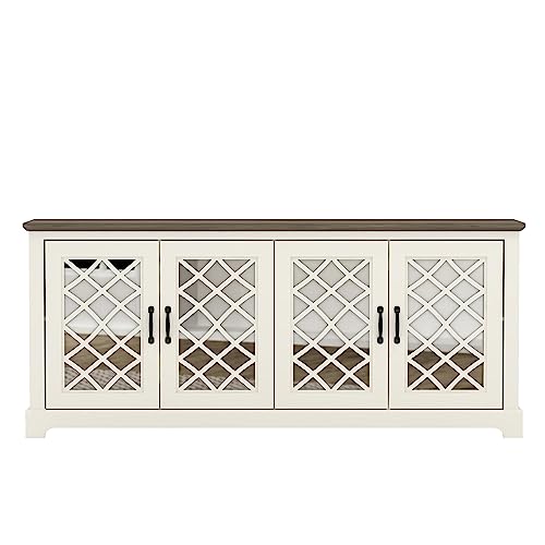 Galano Millicent 75 Inch TV Stand - Farmhouse Tv Stand - TV Stand with Storage - TV Cabinet - TV Stands for Living Room, Acrylic Mirrors - Ivory with Knotty Oak