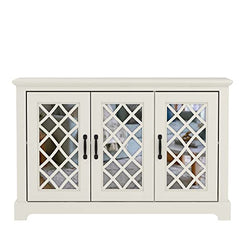 Galano Millicent 3 Door Accent Cabinet with Storage - Modern Distressed Oak Finish - Entryway - Foyer or Living Room - Easy Assembly - Acrylic Mirror Doors - Ivory