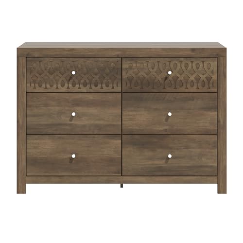 Galano Lavish Kommode mit 6 Schubladen, Doppelkommode für Schlafzimmer, moderne Holzkommode mit lasergeschnittenem Design, Schubladeneinteilung, 16,06" T x 45,35" B x 31,73" H, Asteiche