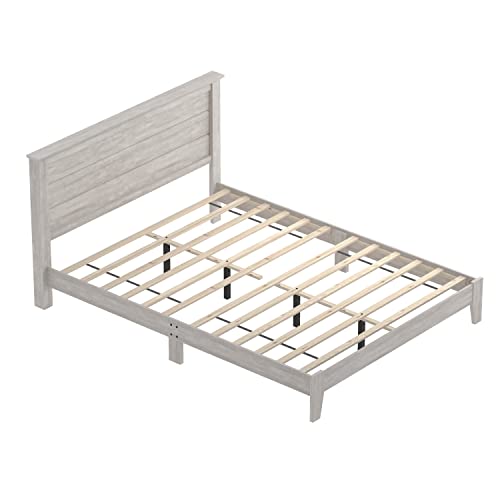 Galano Tiena Bed Frame - Wood Platform with Headboard - Bedroom - Wooden Slat Support - No Box Spring Needed - Easy Assembly - Queen Size - Dusty Grey Oak