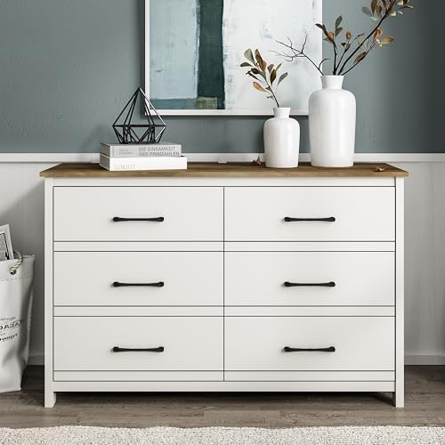 Galano Kellie 6 Drawer Dresser Long Dresser for Bedroom Wood Clothes Organizers and Wide Storage Drawers Tool-Less Assembly 15" D x 47" W x 31" H Ivory Knotty Oak