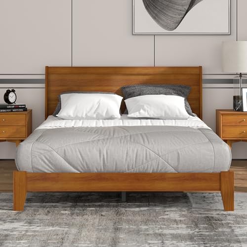 Galano Abby Retro Queen-Bettrahmen mit Kopfteil – Bettrahmen Queen Size – Queen-Size-Bettrahmen – Holzbettrahmen – Kein Boxspringbett erforderlich – Hohe Gewichtskapazität – Bernsteinfarbener Nussbaum