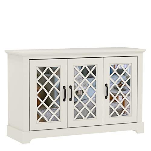 Galano Millicent 3 Door Accent Cabinet with Storage - Modern Distressed Oak Finish - Entryway - Foyer or Living Room - Easy Assembly - Acrylic Mirror Doors - Ivory