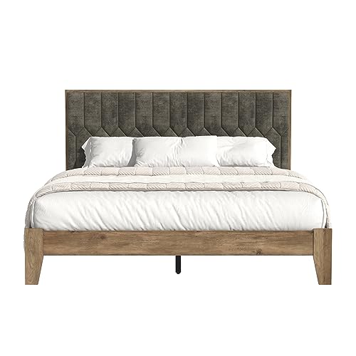 Galano Pancus Upholstered Queen Bed with Headboard - Bed Frame Queen Size - Queen Size Bed Frame - Wood Slat Support - No Box Spring Needed - Strong Weight Capacity - Knotty Oak