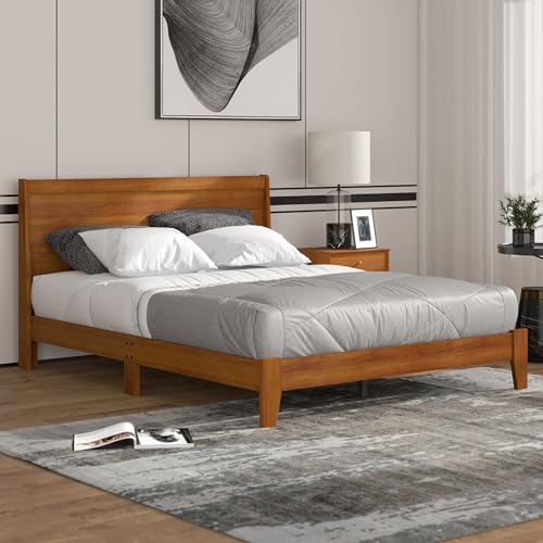 Galano Abby Retro Queen Bed Frame with Headboard - Bed Frame Queen Size - Queen Size Bed Frame - Wood Bed Frame - No Box Spring Needed - Strong Weight Capacity - Amber Walnut