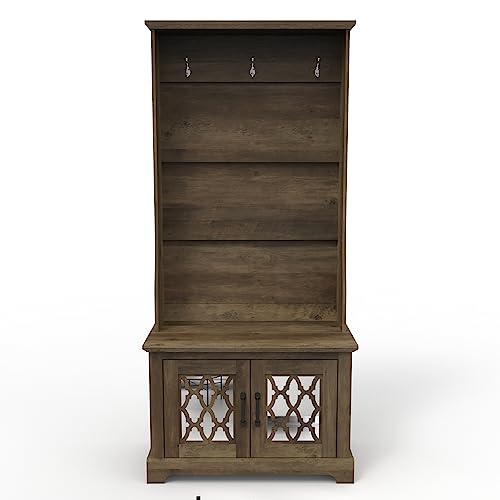 Galano Heron Hall Tree, Storage Bench With Coat Rack, Shoe Storage With Coat Hooks, Shoe Organizer Cabinet for Entryway, Engineered Wood, Knotty Oak