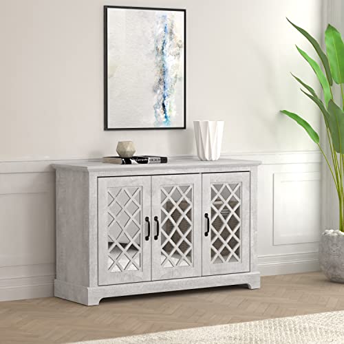 Galano Millicent 3 Door Accent Cabinet with Storage - Modern Distressed Oak Finish - Entryway - Foyer or Living Room - Easy Assembly - Acrylic Mirror Doors - Dusty Grey Oak