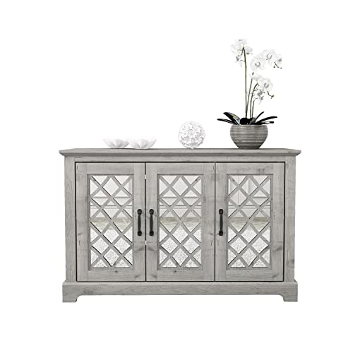 Galano Millicent 3 Door Accent Cabinet with Storage - Modern Distressed Oak Finish - Entryway - Foyer or Living Room - Easy Assembly - Acrylic Mirror Doors - Mexican Grey