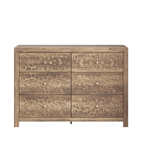 Galano Avaro 6 Drawer Dresser Large Wooden Dresser with Storage Drawers for Bedroom Organizer Laser Cut Design 45.35" D x 16.06" W x 31.73" H Knotty Oak