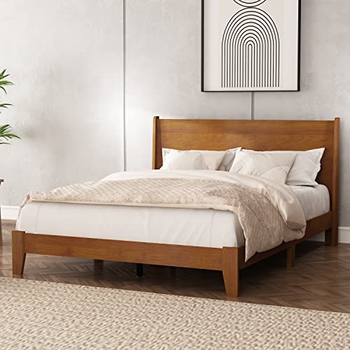 Galano Abby Retro Queen Bed Frame with Headboard - Bed Frame Queen Size - Queen Size Bed Frame - Wood Bed Frame - No Box Spring Needed - Strong Weight Capacity - Amber Walnut