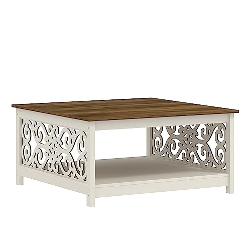 Galano Nagata Modern Coffee Table with Laser Cut Design, Open Storage Shelf for Living Room Decor, Square Center Table with Display Top for Dining, Ivory Knotty Oak