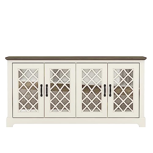 Galano Millicent 65 Inch TV Stand - Farmhouse Tv Stand - TV Stand with Storage - TV Cabinet - TV Stands for Living Room, Acrylic Mirrors - Ivory with Knotty Oak