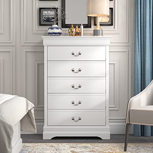 Galano Ireton Ultra Fast Assembly & Toolfree 5 Drawer Dresser - Dressers - Tall Chest of Drawers - Storage for Clothes - Storage Chest - White - Galano Furniture