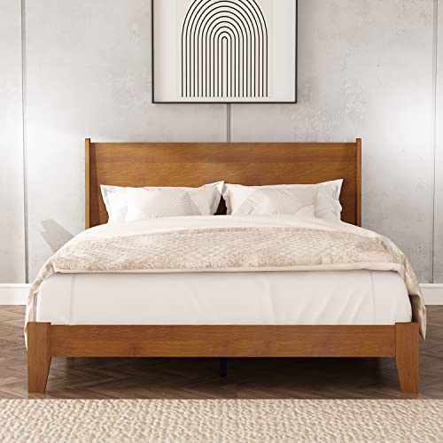 Galano Abby Retro Queen Bed Frame with Headboard - Bed Frame Queen Size - Queen Size Bed Frame - Wood Bed Frame - No Box Spring Needed - Strong Weight Capacity - Amber Walnut