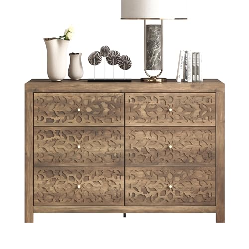 Galano Avaro 6 Drawer Dresser Large Wooden Dresser with Storage Drawers for Bedroom Organizer Laser Cut Design 45.35" D x 16.06" W x 31.73" H Knotty Oak