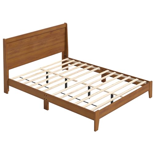 Galano Abby Retro Queen Bed Frame with Headboard - Bed Frame Queen Size - Queen Size Bed Frame - Wood Bed Frame - No Box Spring Needed - Strong Weight Capacity - Amber Walnut