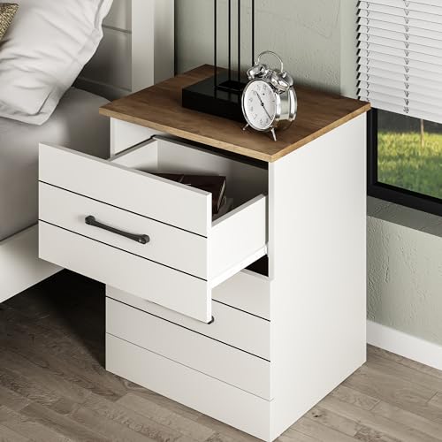 Galano Elis Nightstand Modern Side End Table with Storage for Living Room, Bedroom and Small Spaces, Bedside Tables with Solid Wood Legs, Tool-Less Assembly, Ivory Knotty Oak